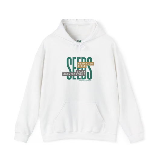 White hoodie with green text on a white background that says Seeds: Read your Bible. Start Conversations. Sower To Sow.
