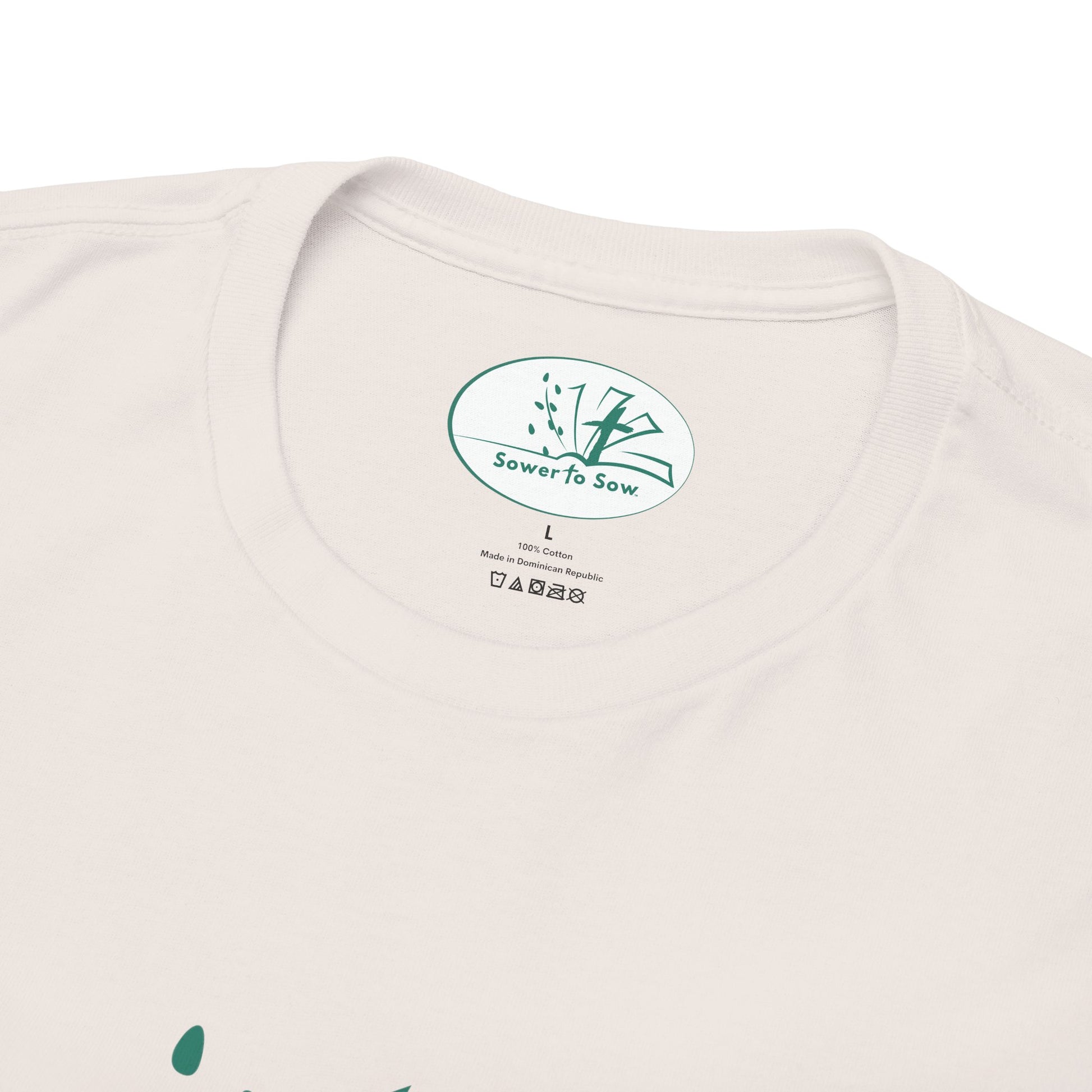 Beige t-shirt with a Sower To Sow logo and text on a white background