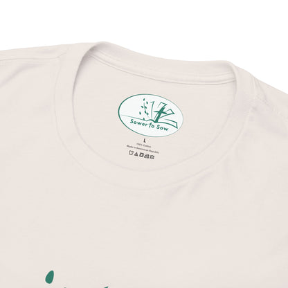 Beige t-shirt with a Sower To Sow logo and text on a white background