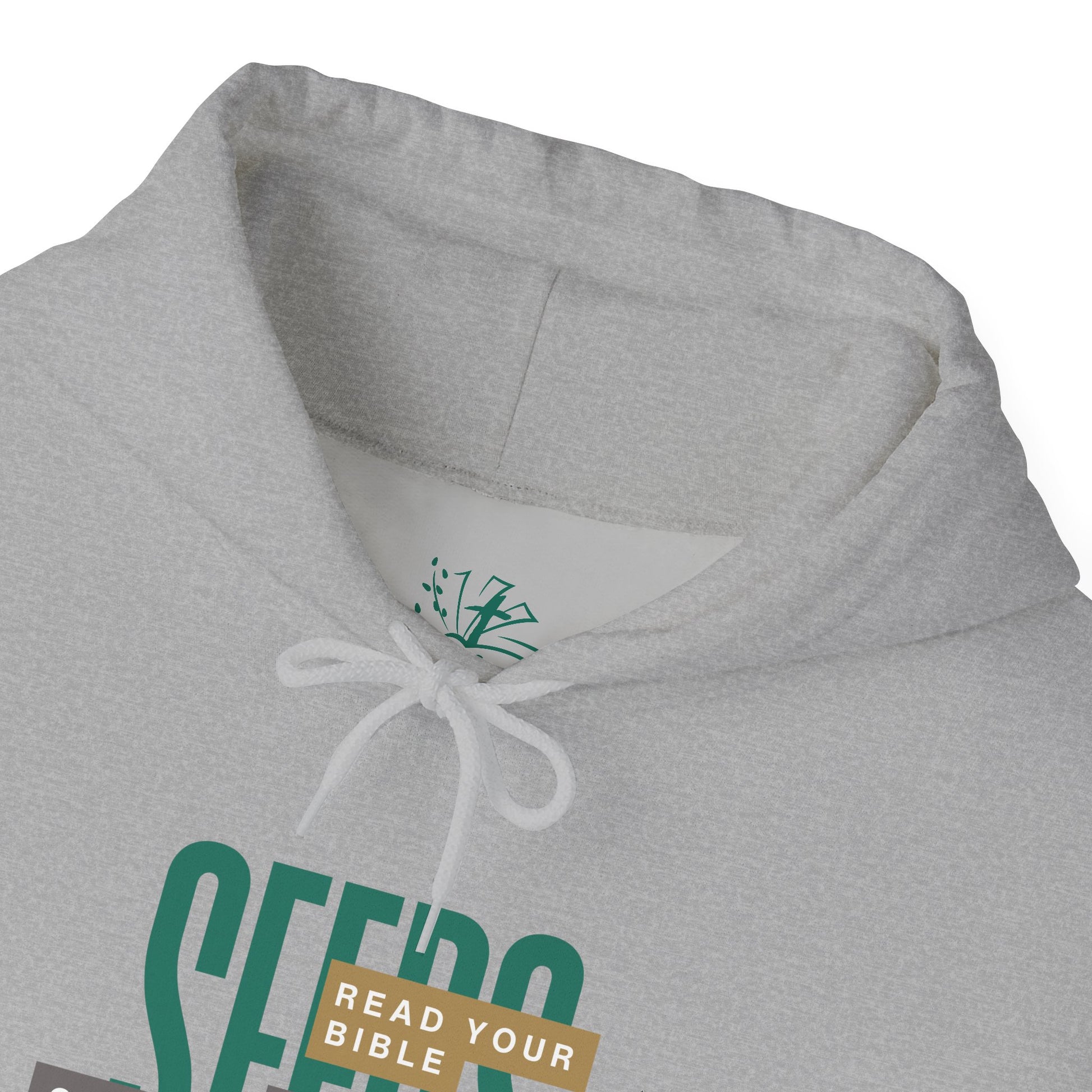 Gray hoodie with green text and logo on a white background