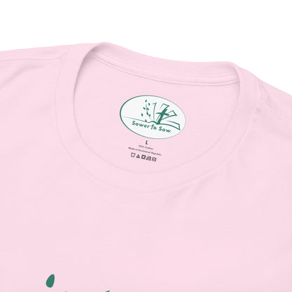 Pink t-shirt with a green and white Sower To Sow logo