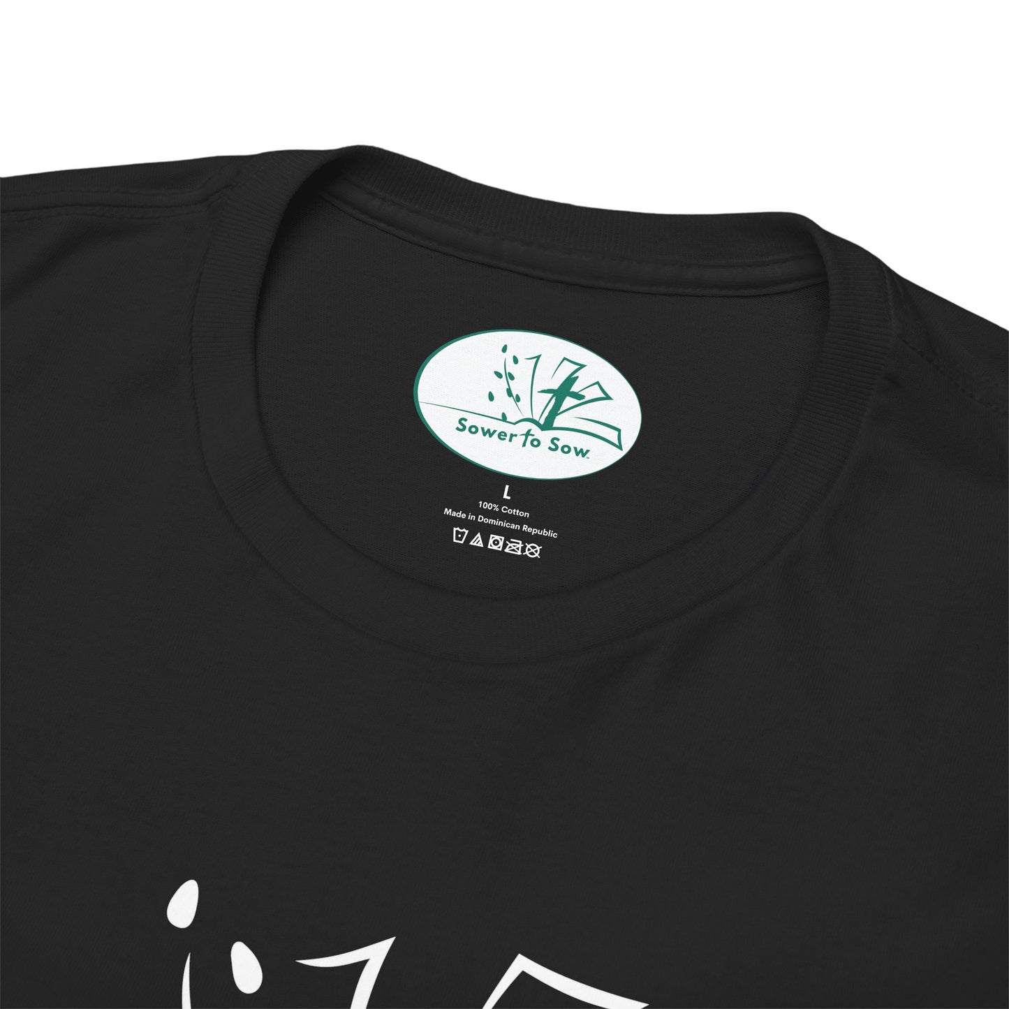 Black t-shirt with a visible Sower To Sow brand label on the collar