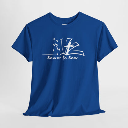 Blue t-shirt with 'Sower To Sow' logo