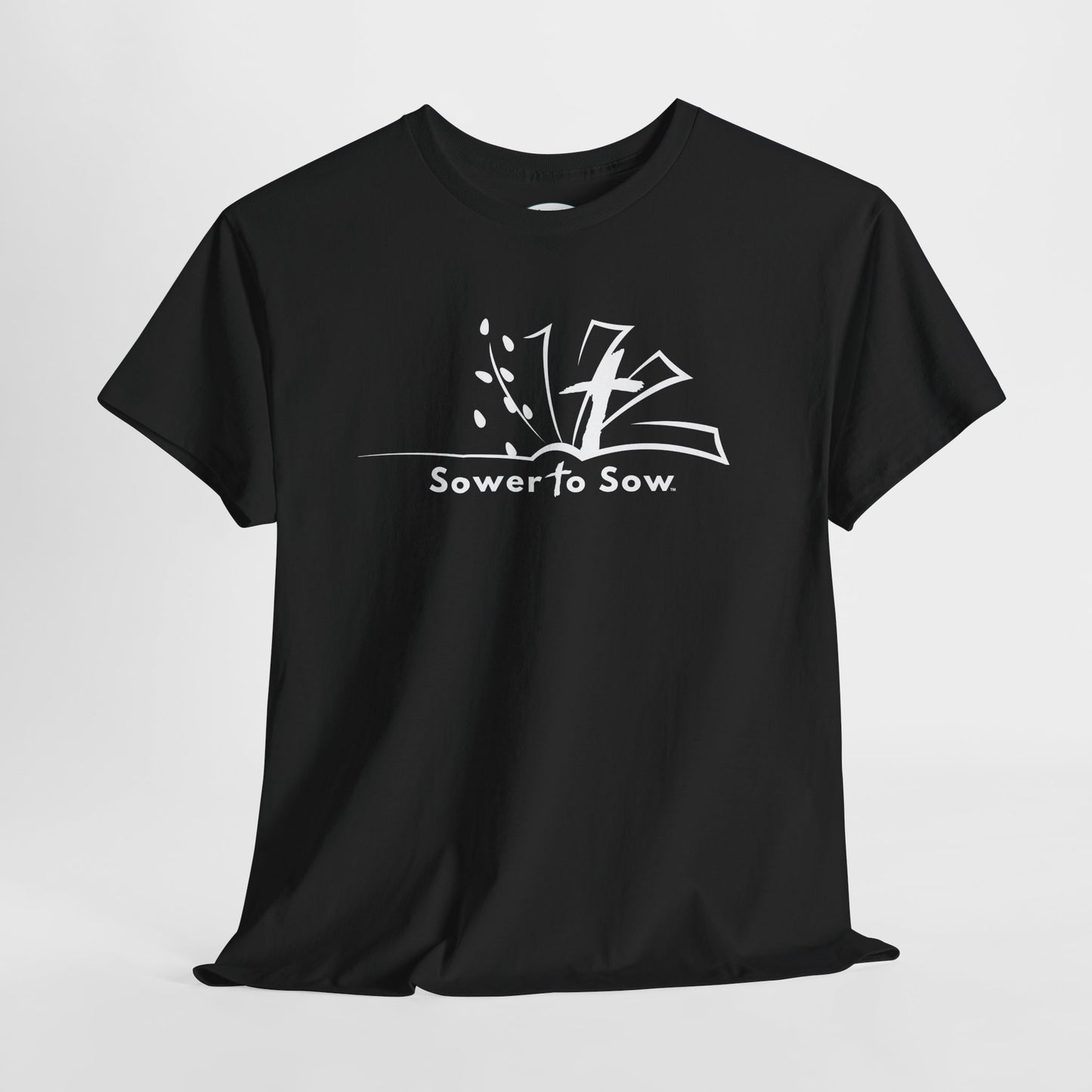 Black t-shirt with white Sower To Sow logo 