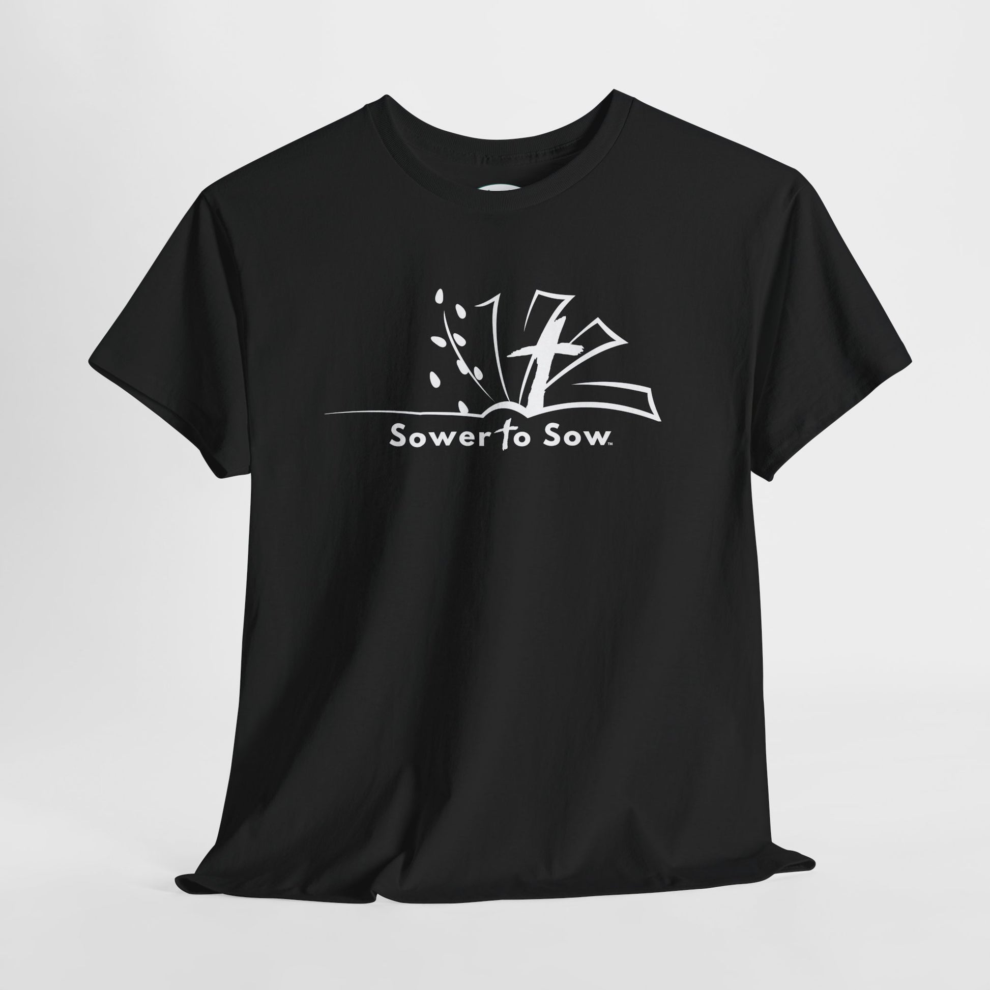 Black t-shirt with white Sower To Sow logo 