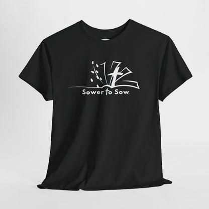 Black t-shirt with white Sower To Sow logo 