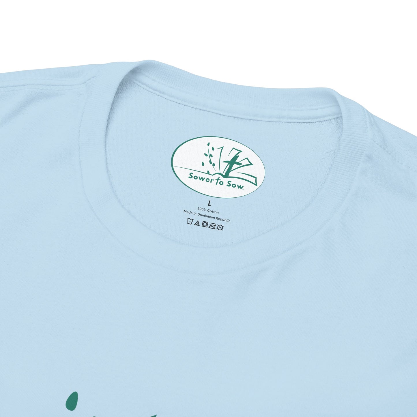 Light blue t-shirt with a Sower To Sow logo on the color as a tag