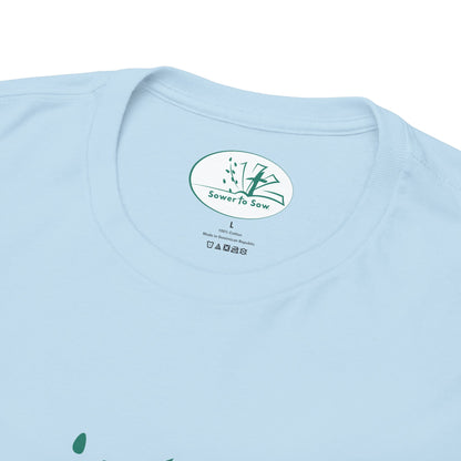 Light blue t-shirt with a Sower To Sow logo on the color as a tag