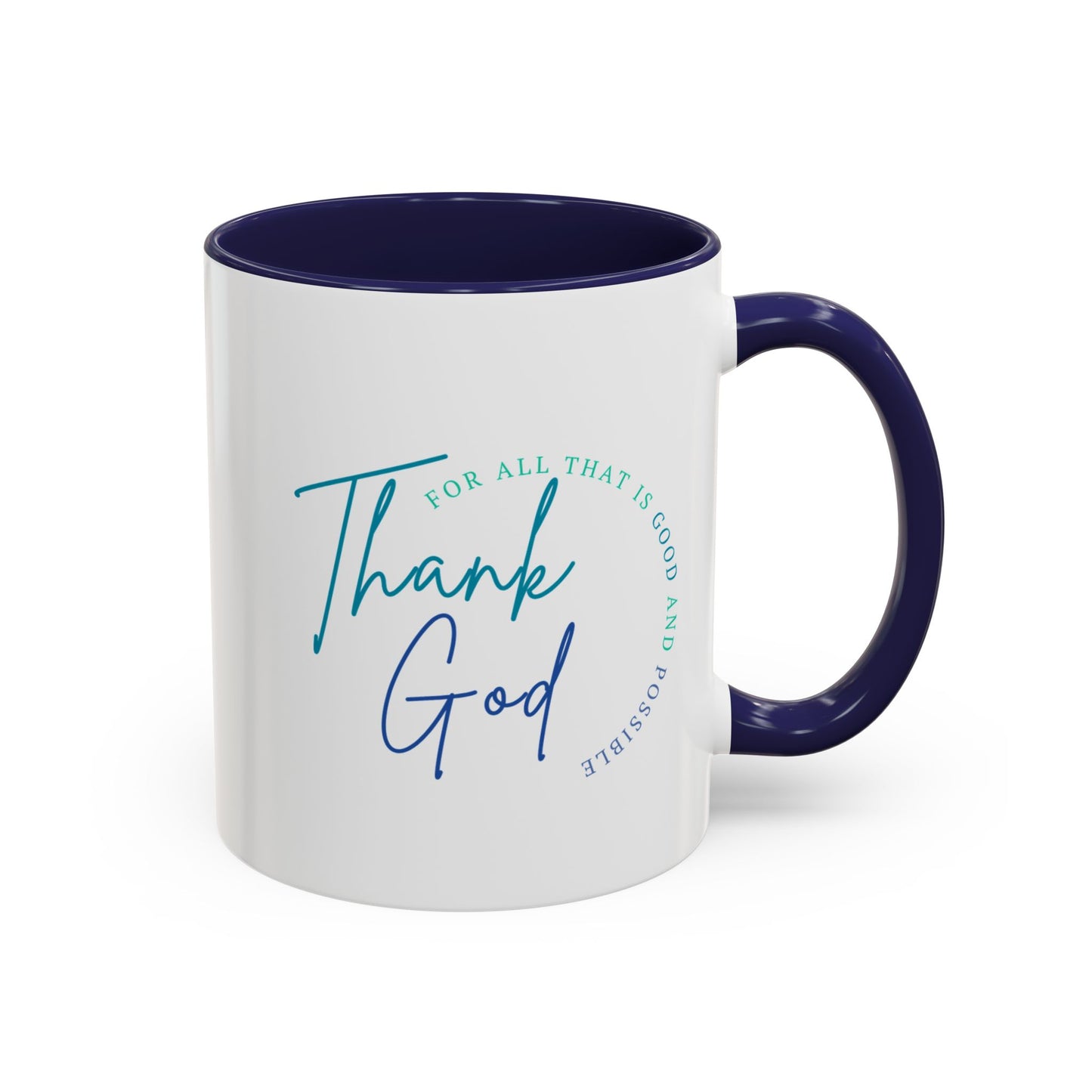White mug with blue interior and handle, featuring 'Thank God' text.