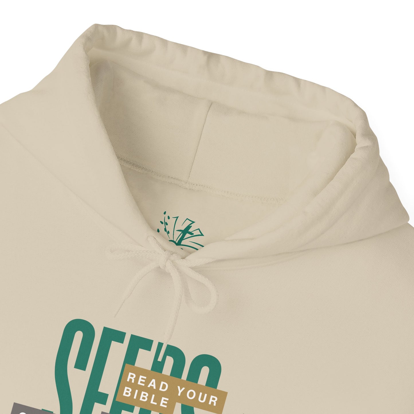 Beige hoodie with green text and a logo on a white background