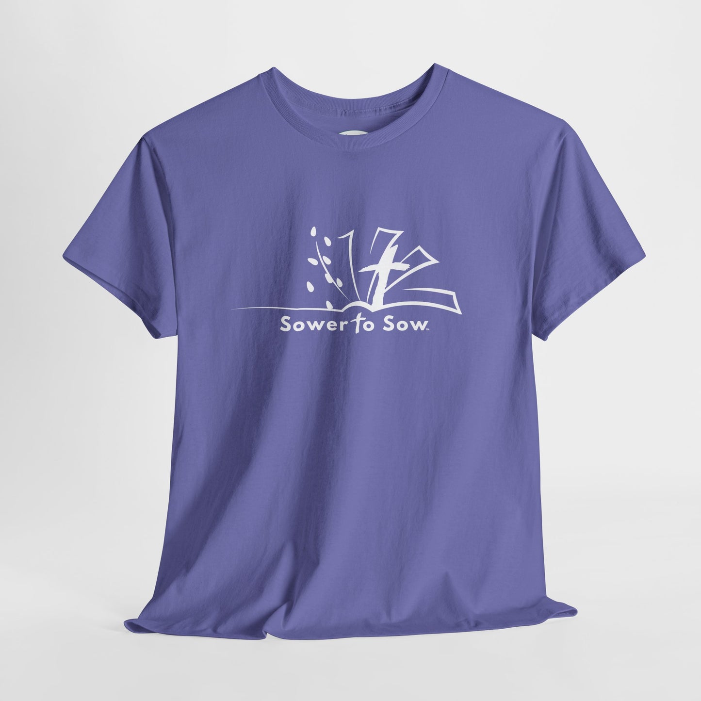 Purple t-shirt with white Sower To Sow logo and text on a light gray background