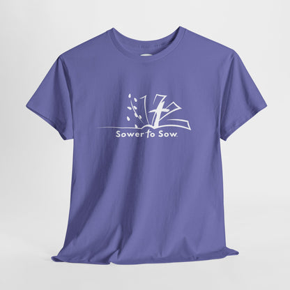 Purple t-shirt with white Sower To Sow logo and text on a light gray background
