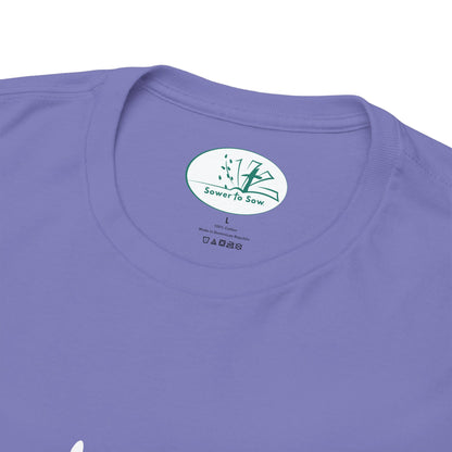 Purple t-shirt with a Sower To Sow logo and text on the collar area