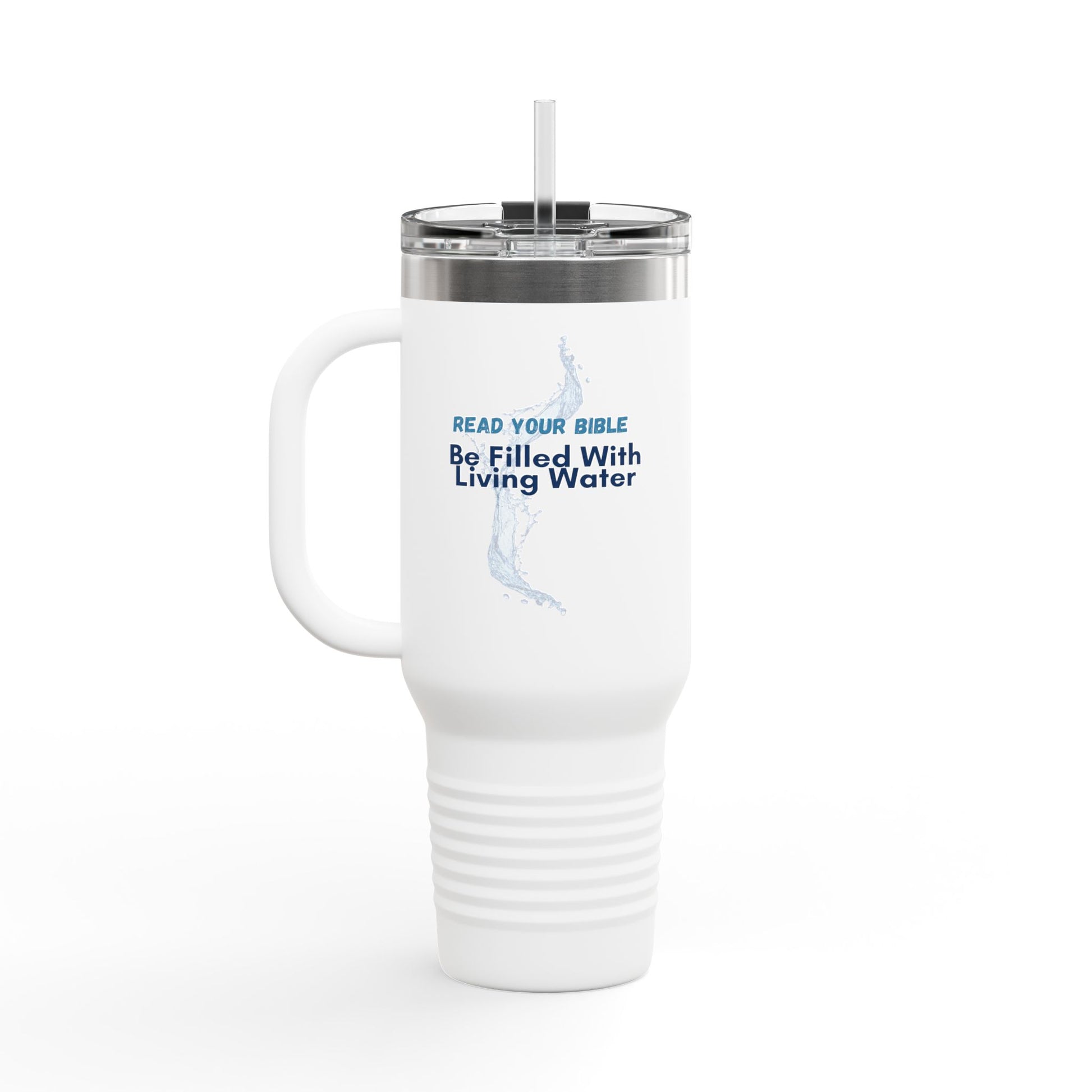 White travel mug with blue text "Read your Bible - be filled with living water" and a straw on a white background