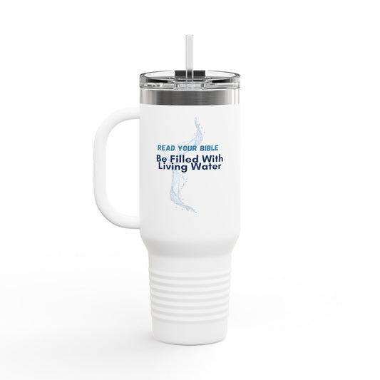 White travel mug with blue text "Read your Bible - be filled with living water" and a straw on a white background