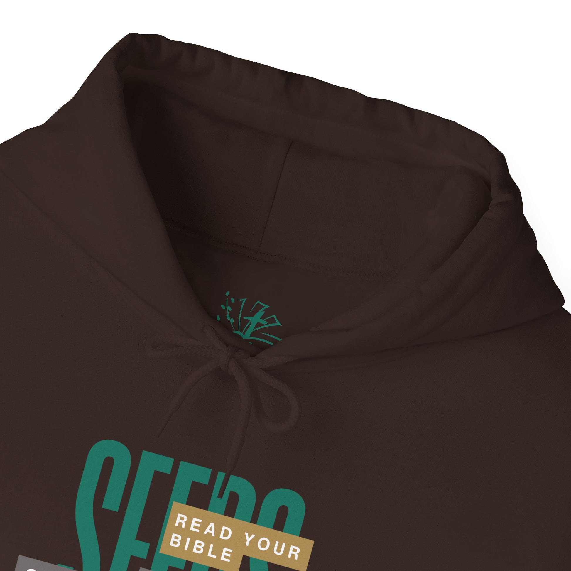 Brown hoodie with green text and logo on a white background