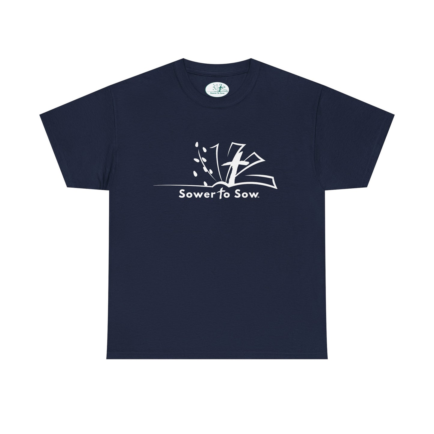 Navy blue t-shirt with 'Sower to Sow' logo