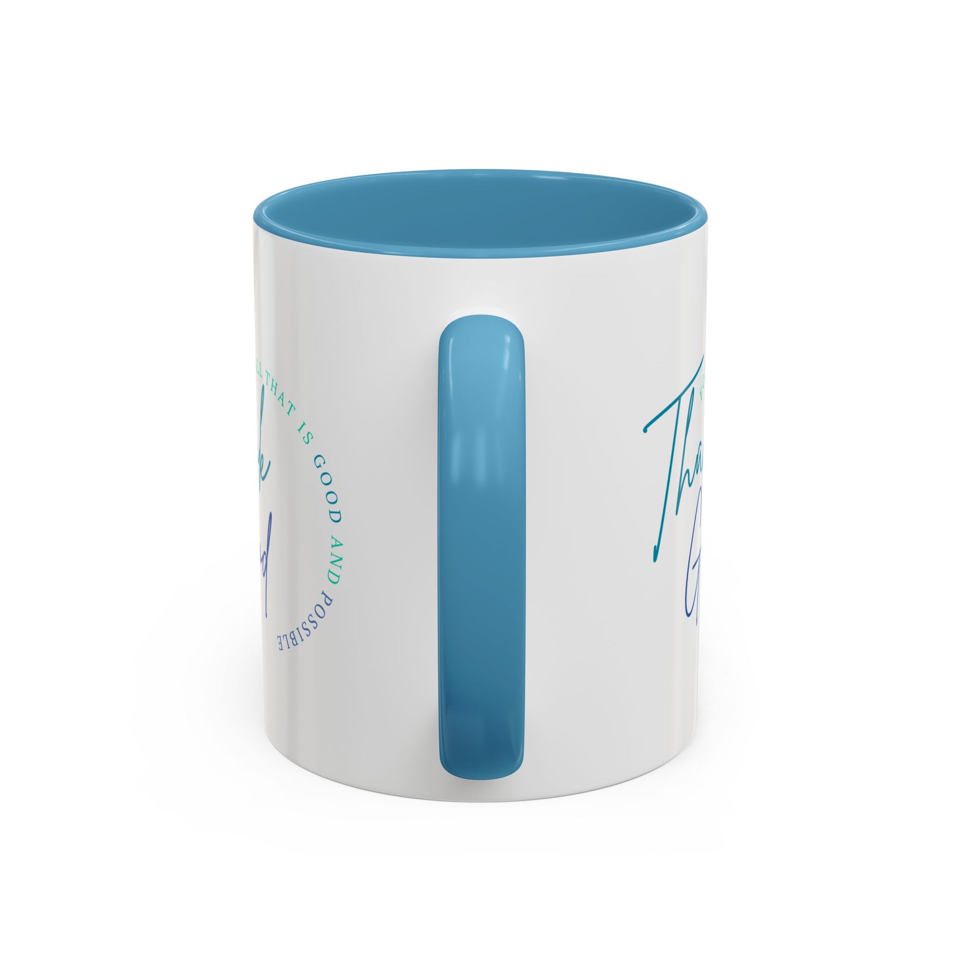 White mug with blue interior and handle on a white background