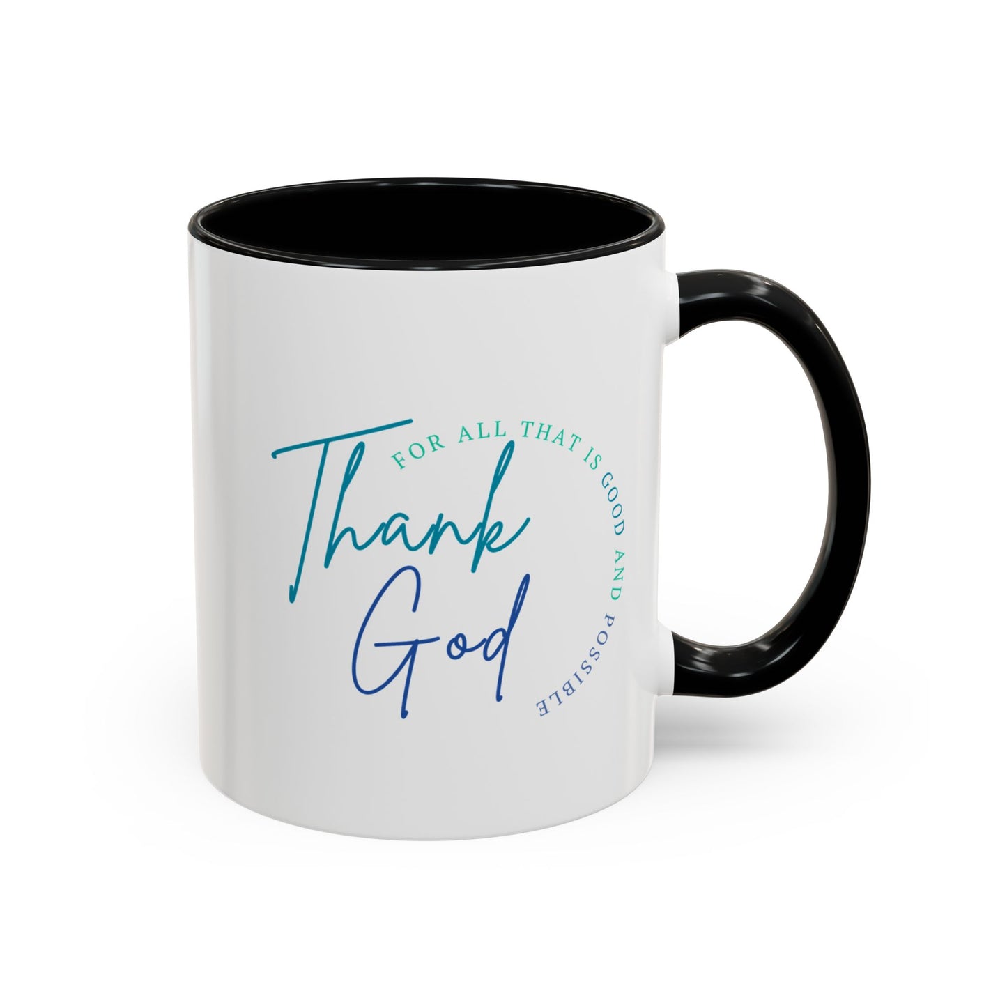 White mug with black handle featuring 'Thank God' text on a white background