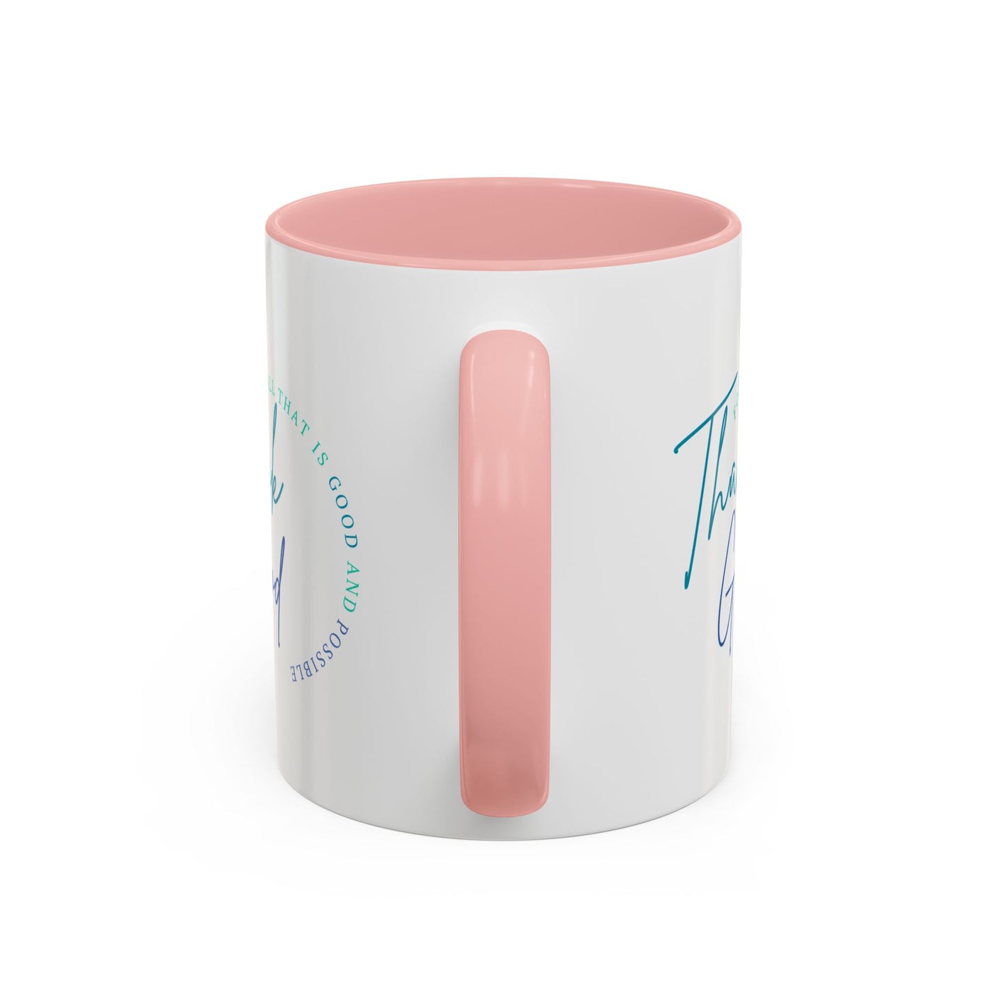 White mug with pink interior and handle on a white background