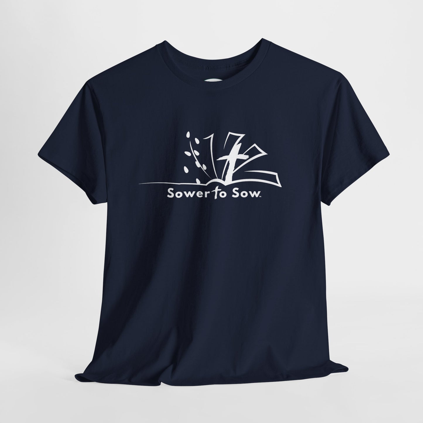 Navy blue t-shirt with 'Sower to Sow' logo on a light gray background