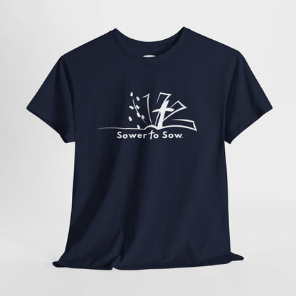 Navy blue t-shirt with 'Sower to Sow' logo on a light gray background