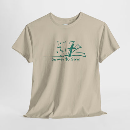Beige t-shirt with 'Sower to Sow' logo 