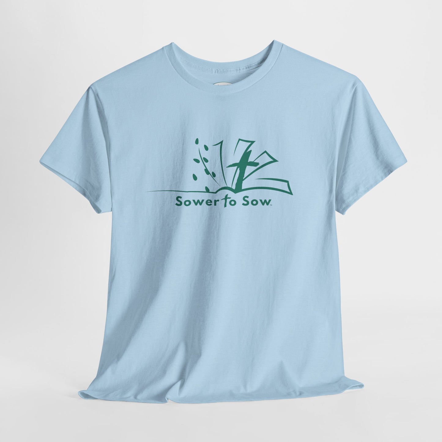 Light blue t-shirt with a Sower To Sow logo 