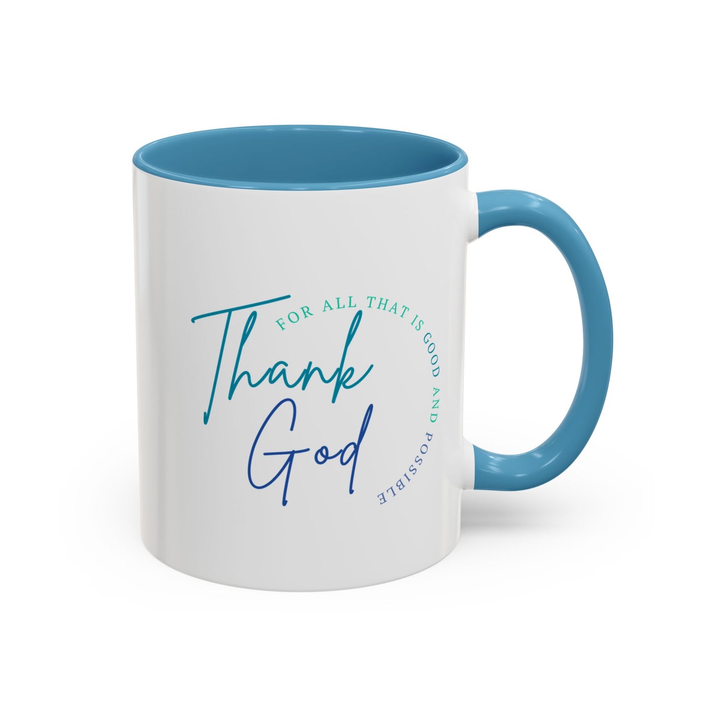 White mug with blue interior and handle, featuring 'Thank God' text.