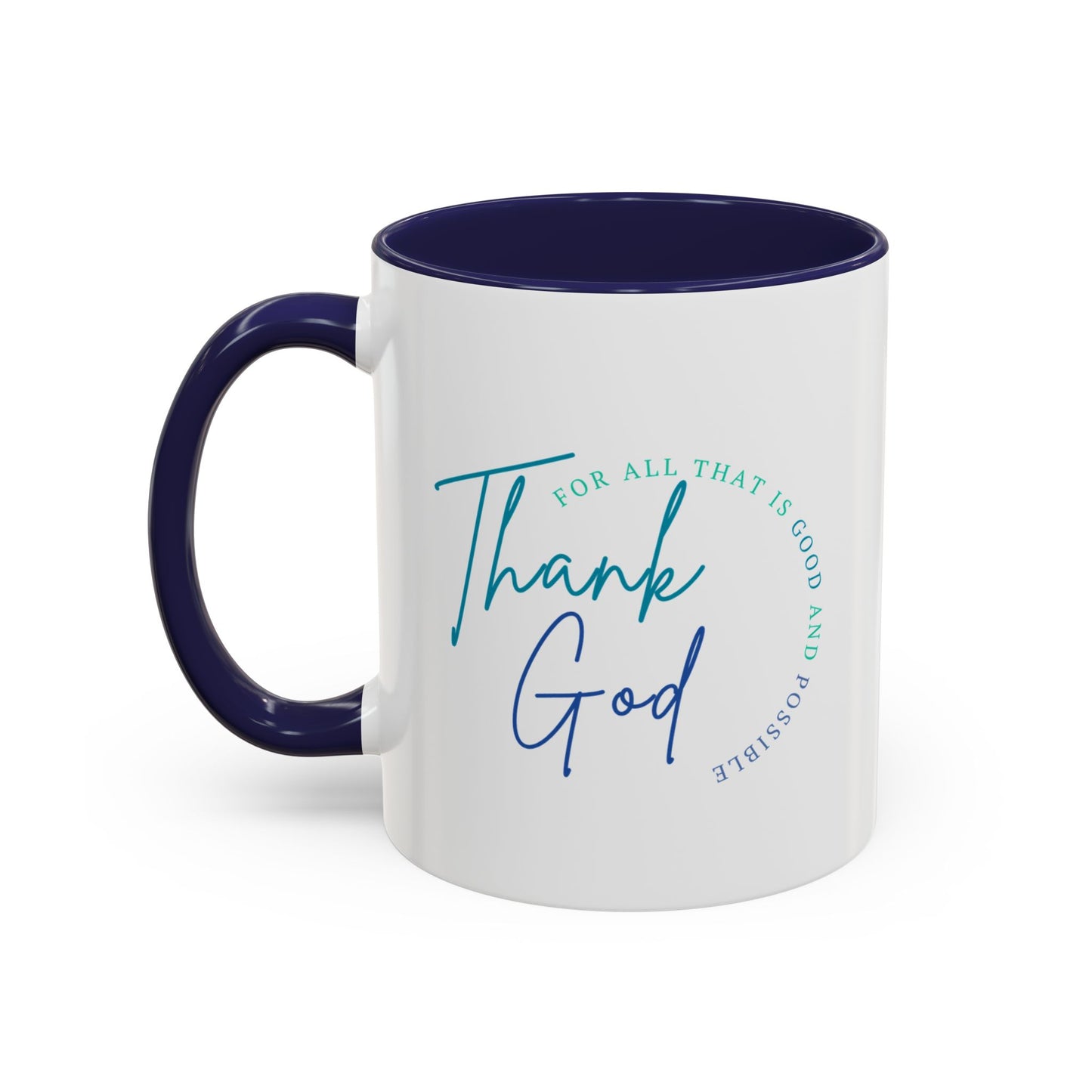 White mug with blue interior and handle, featuring 'Thank God' text on a white background