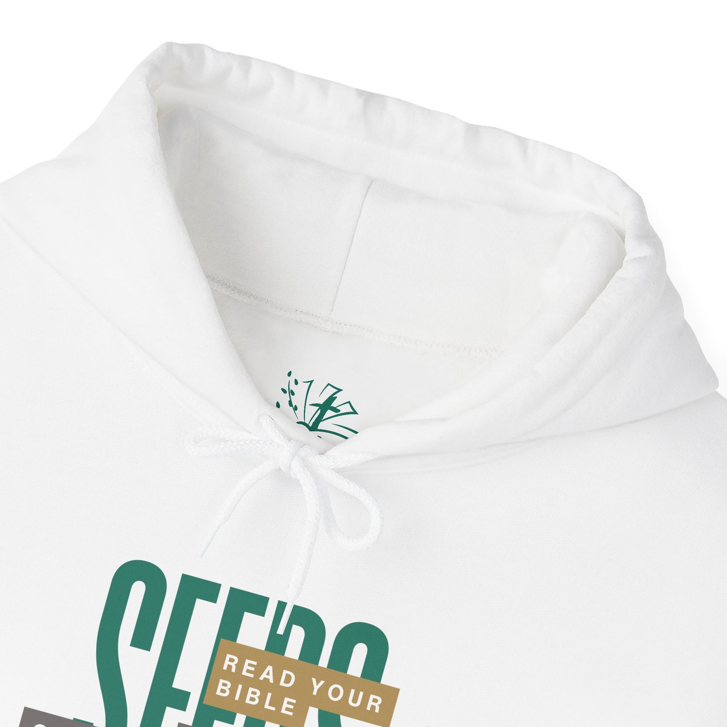White hoodie with green text and logo on a white background