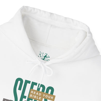 White hoodie with green text and logo on a white background