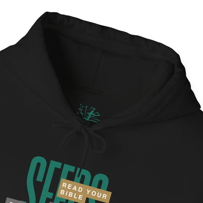 Black hoodie with green text and logo on a white background