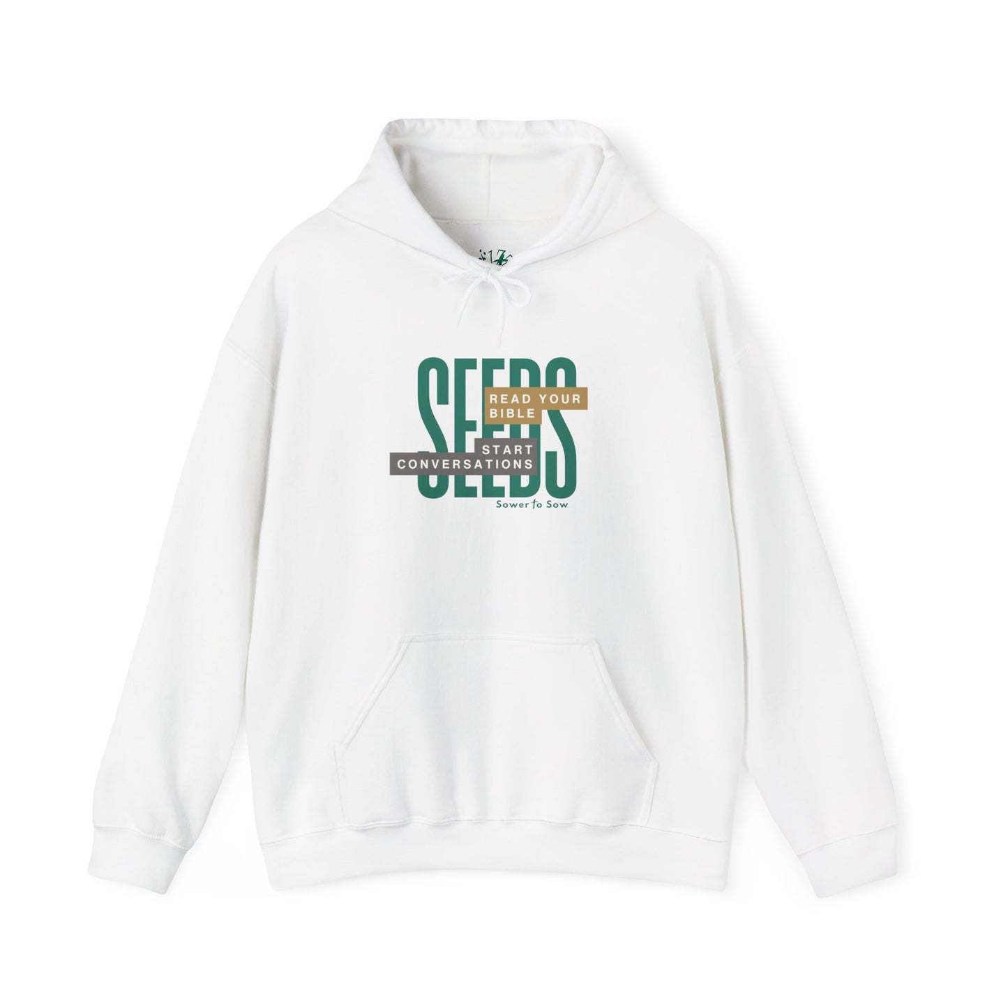 White hoodie with green text on a white background that says Seeds: Read your Bible. Start Conversations. Sower To Sow.
