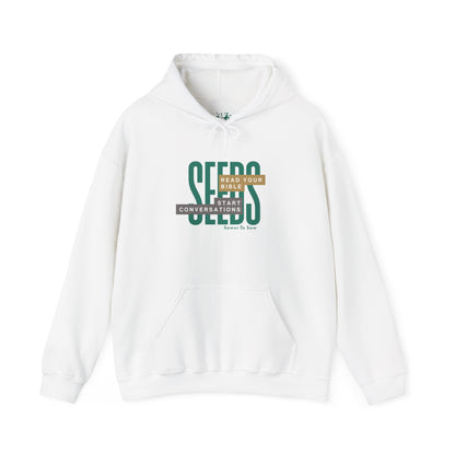 White hoodie with green text on a white background that says Seeds: Read your Bible. Start Conversations. Sower To Sow.