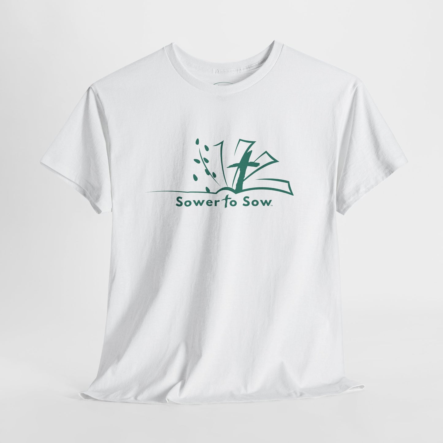 White t-shirt with teal Sower To Sow logo