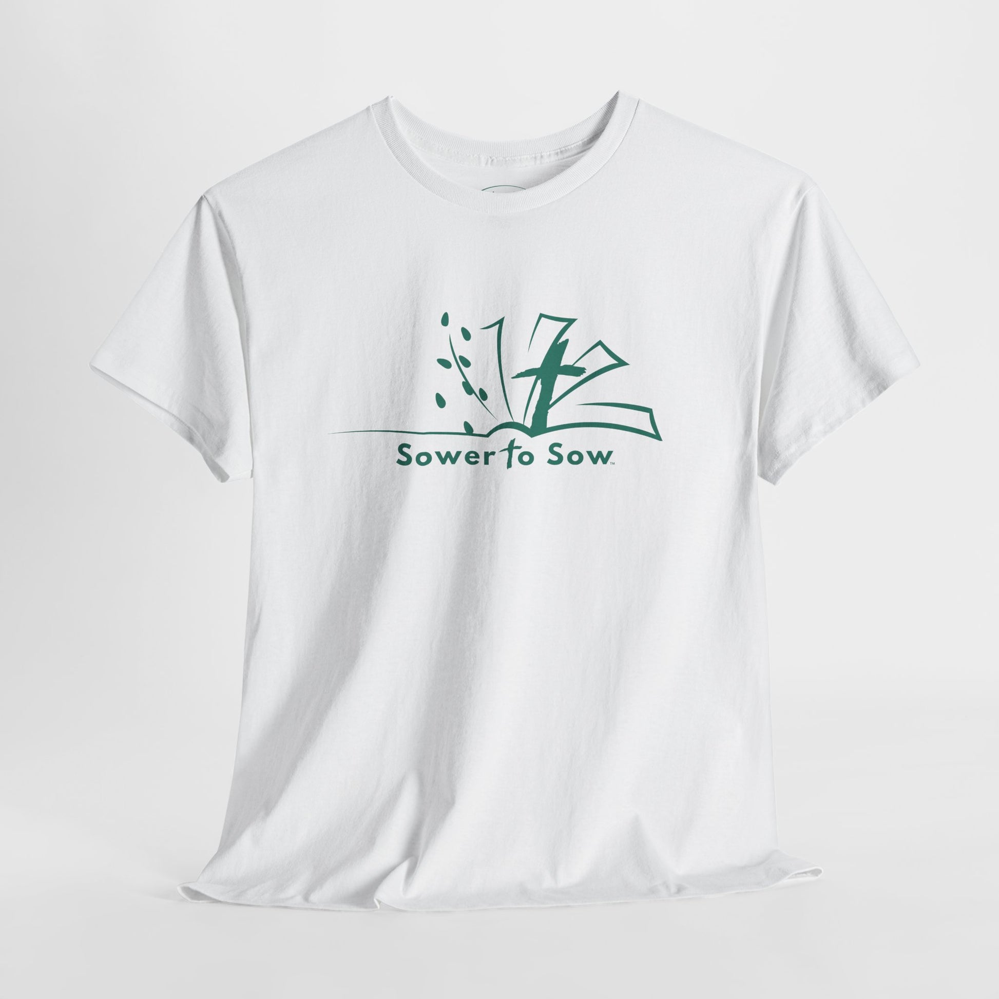 White t-shirt with teal Sower To Sow logo