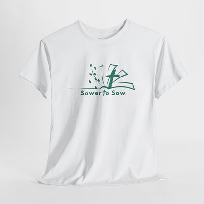 White t-shirt with teal Sower To Sow logo