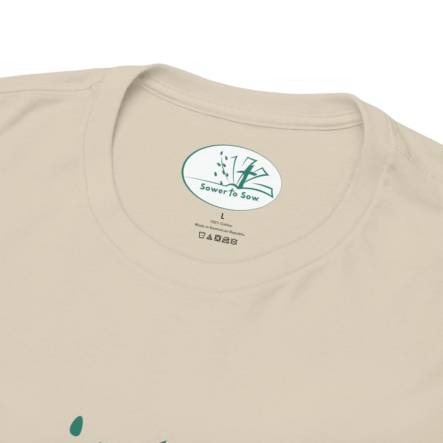 Beige t-shirt with a 'Sower to Sow' logo on the collar.