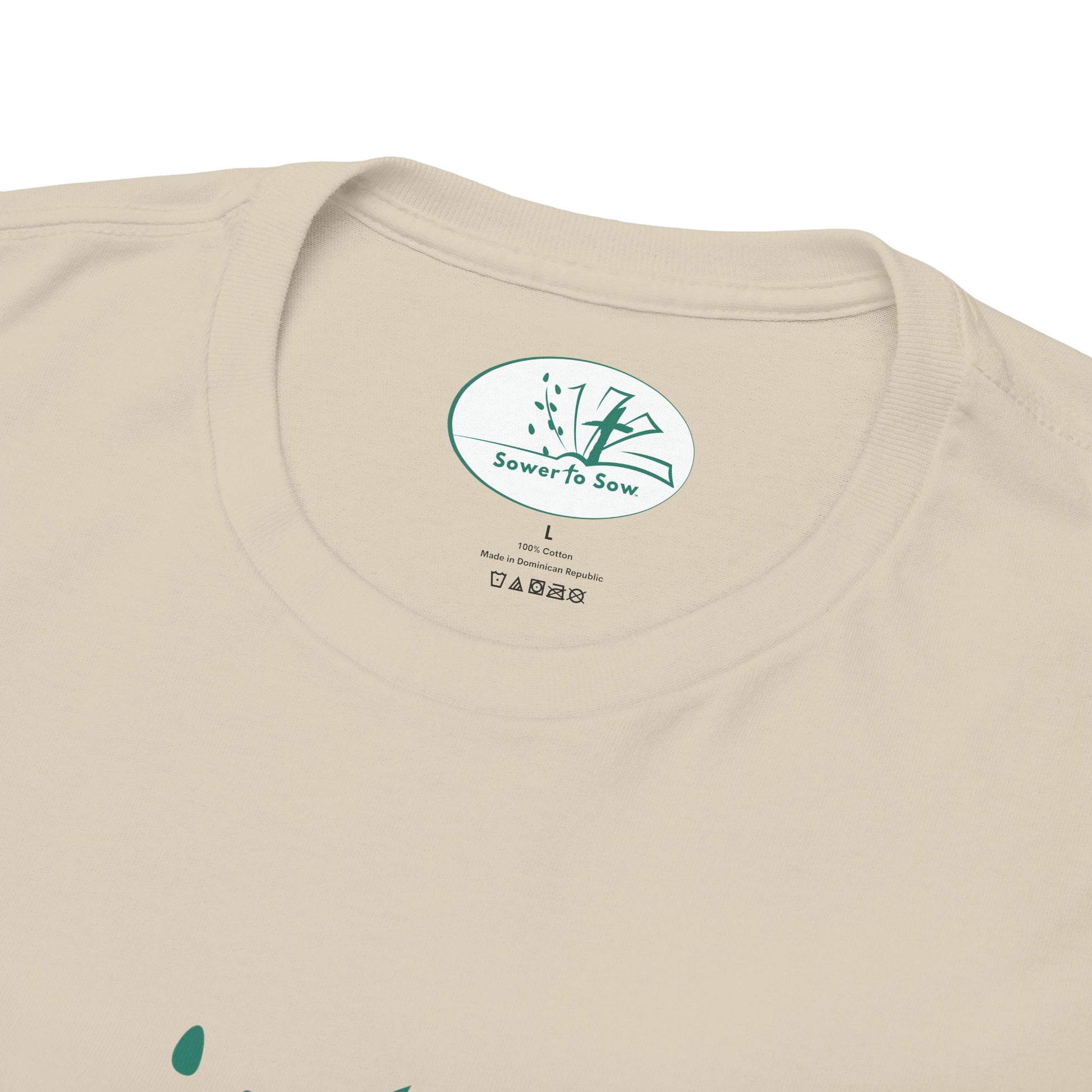 Beige t-shirt with a 'Sower to Sow' logo on the collar.