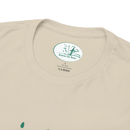 Beige t-shirt with a 'Sower to Sow' logo on the collar.