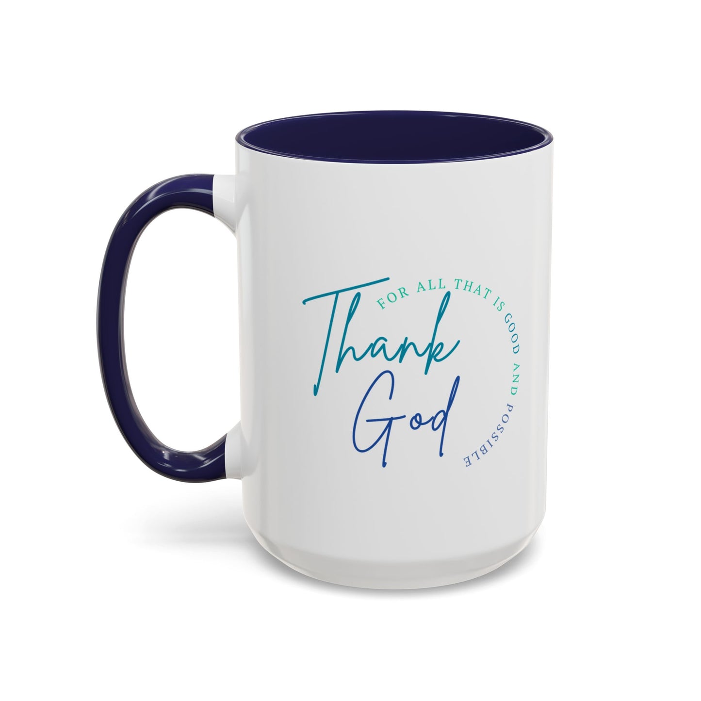 White mug with blue interior and handle, featuring 'Thank God' text on a white background