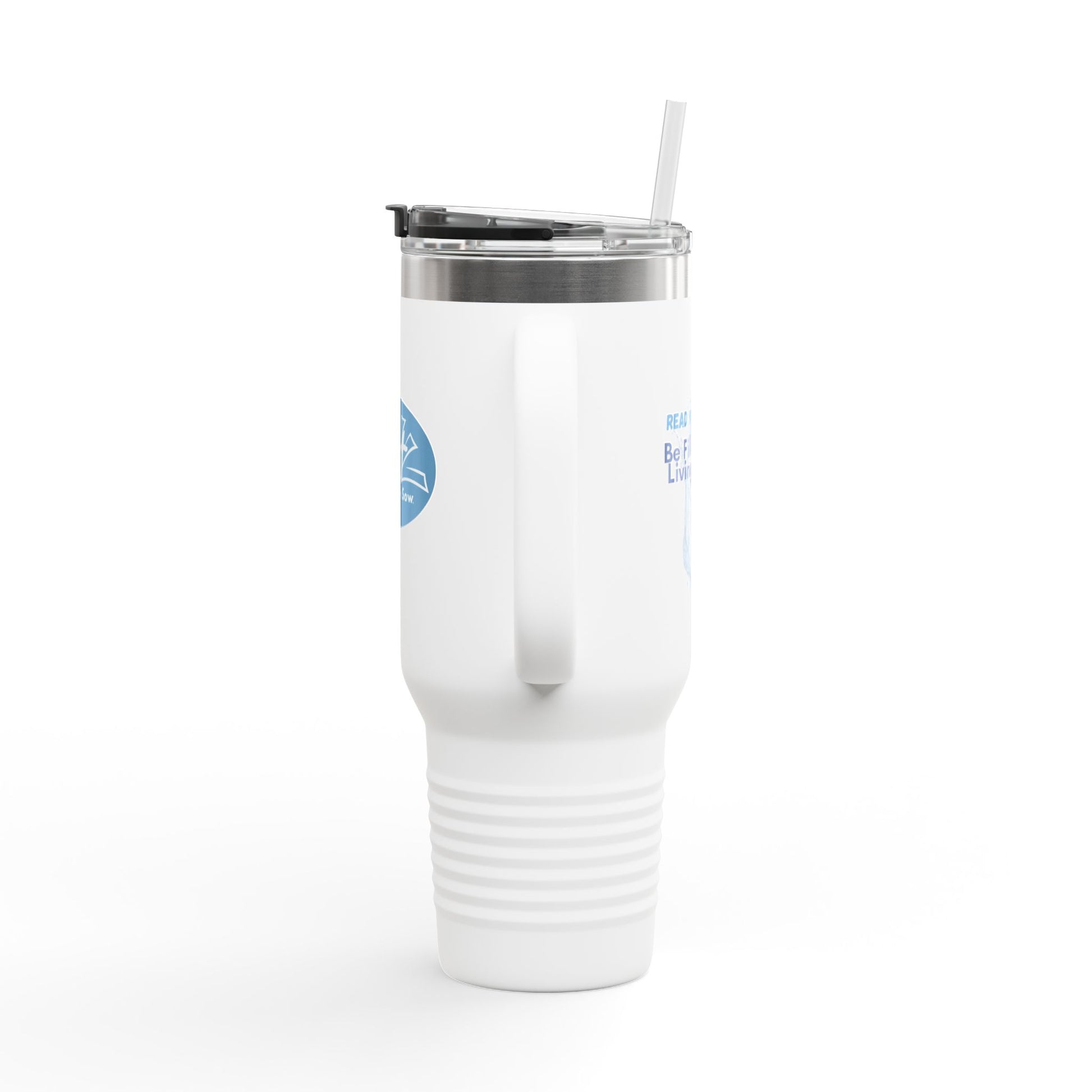 White tumbler with a straw on a white background