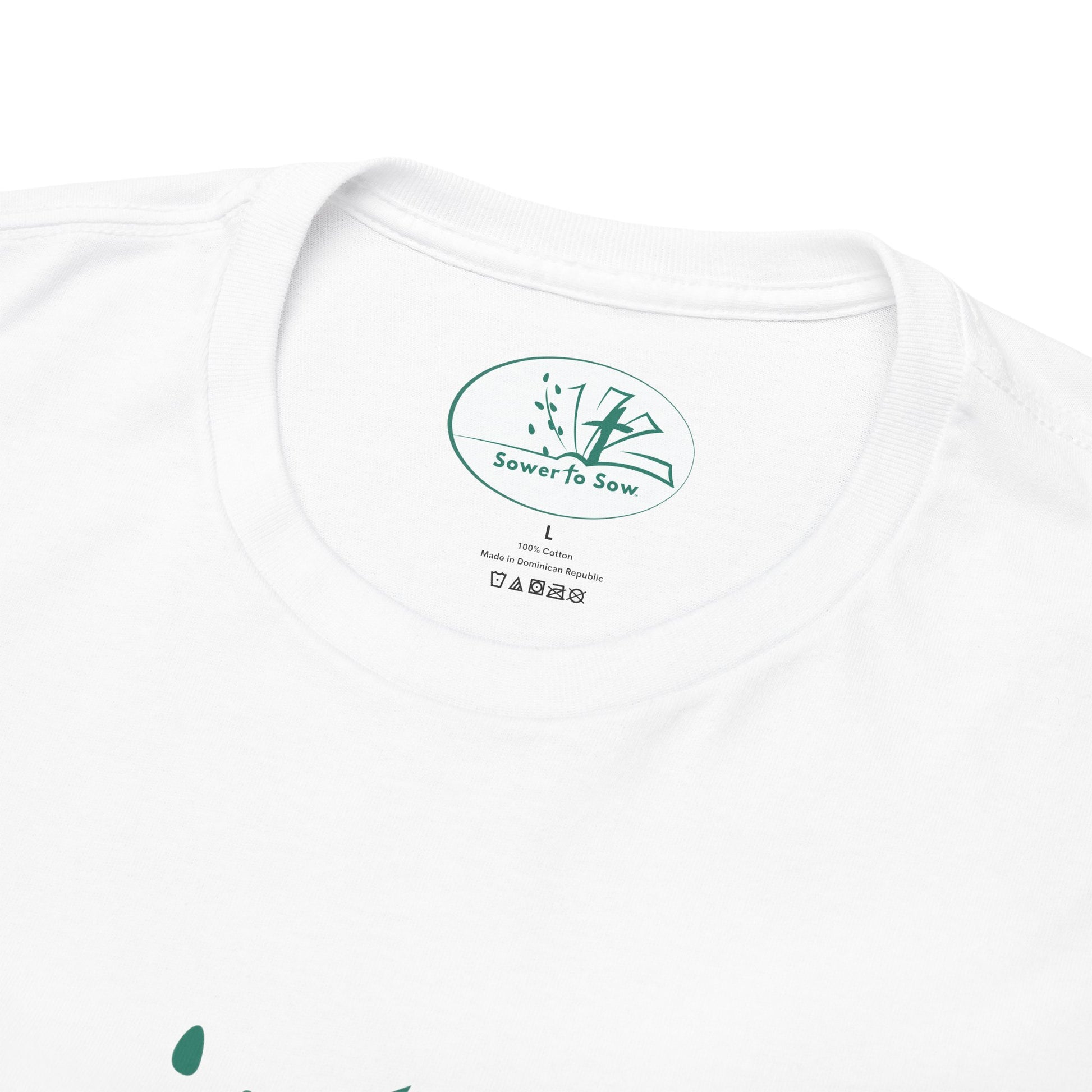 White t-shirt with teal Sower To Sow logo