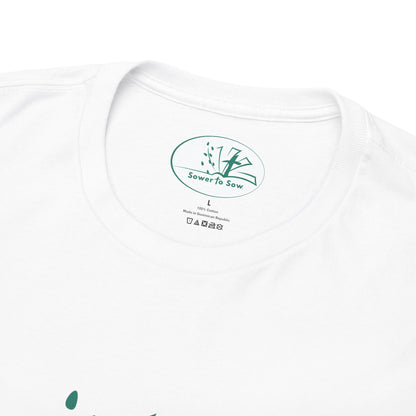 White t-shirt with teal Sower To Sow logo