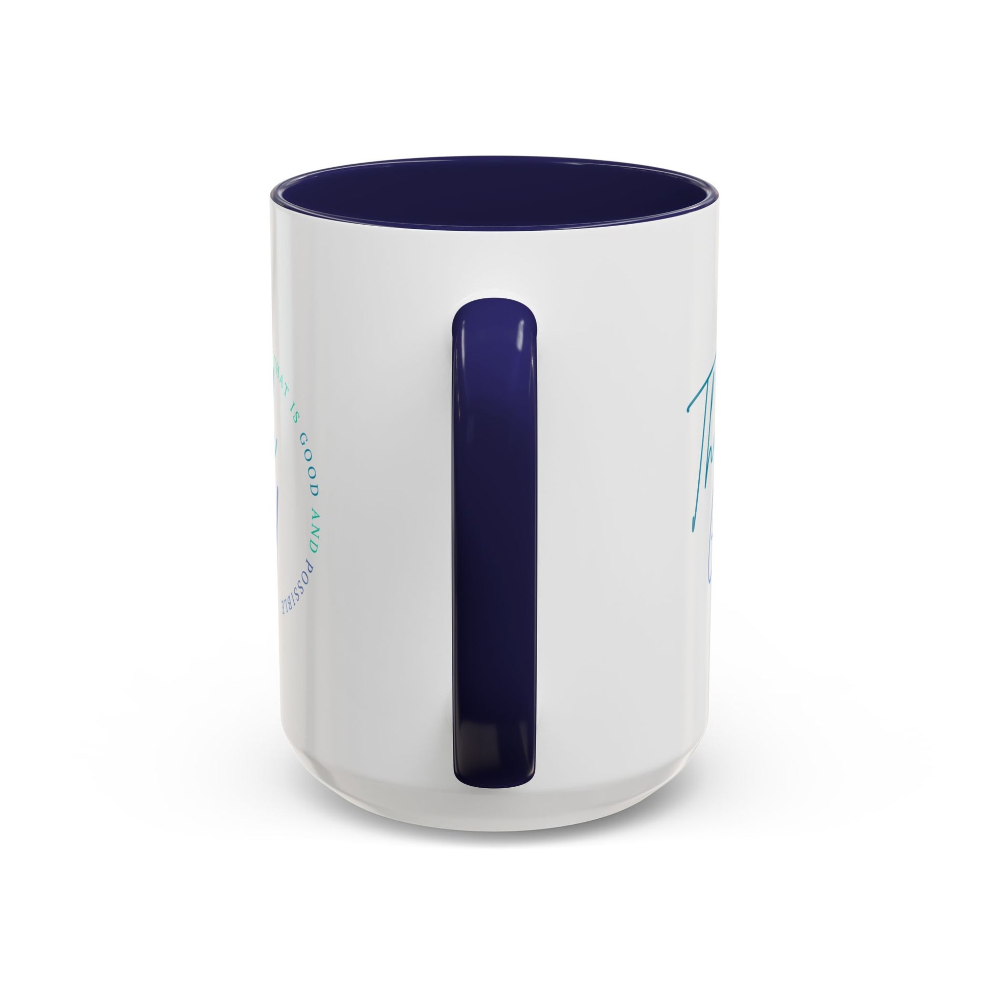 Clear mug with a blue handle and interior on a white background