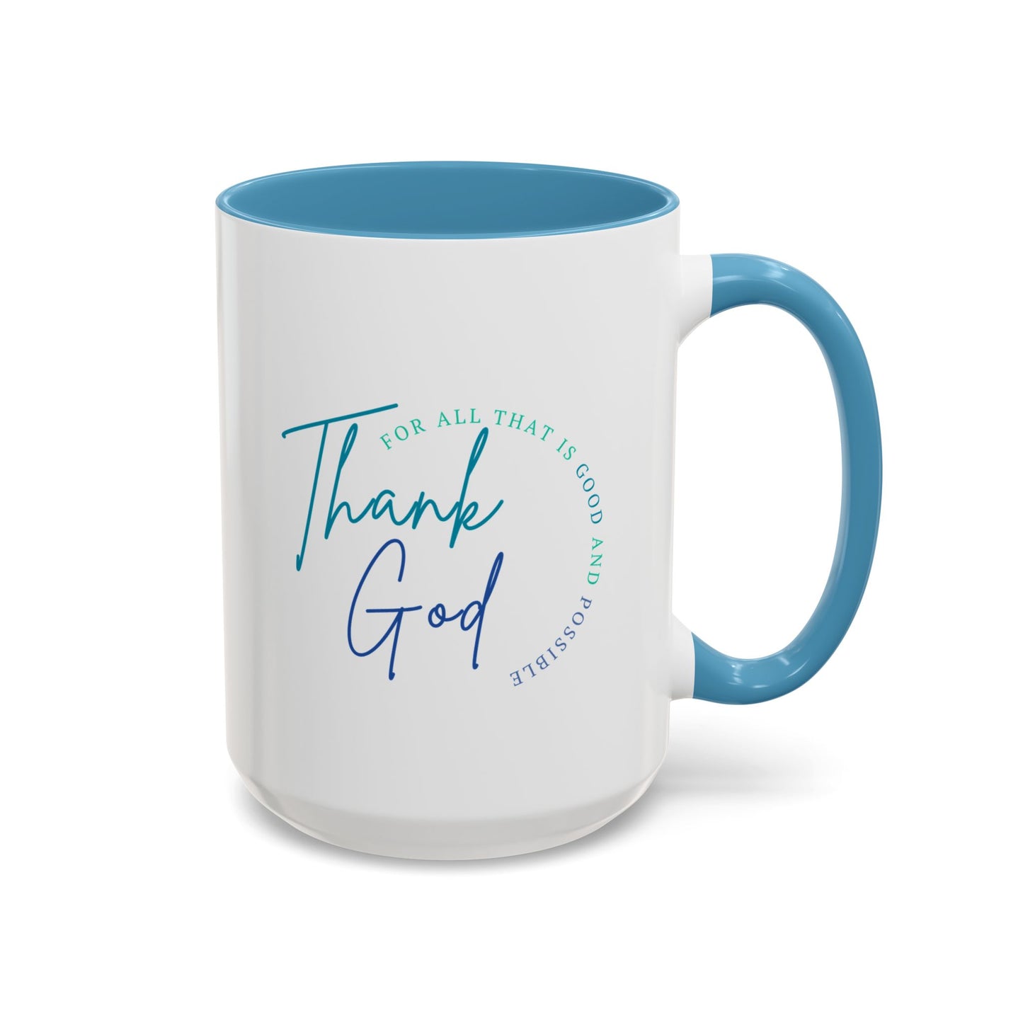 White mug with blue interior and handle, featuring 'Thank God' text on a white background