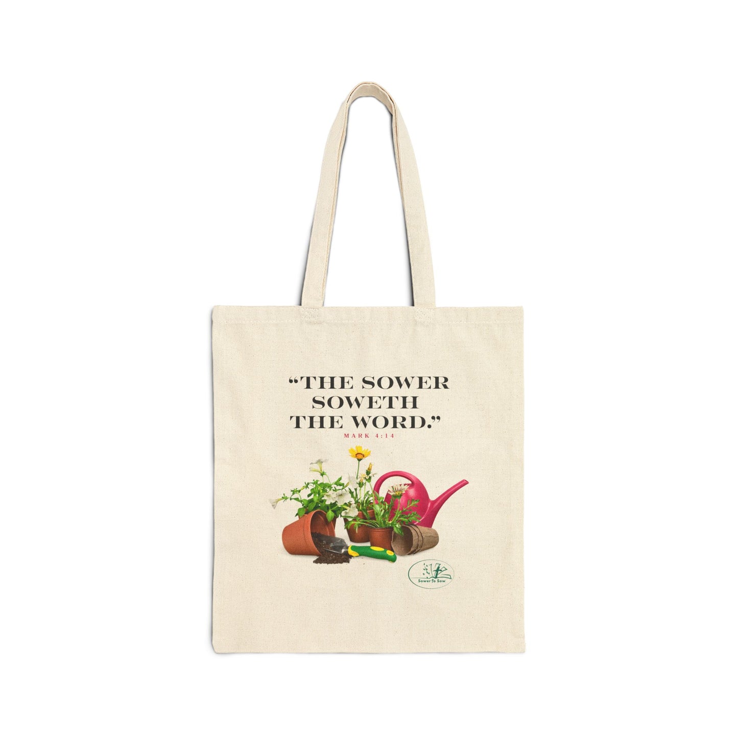 Beige tote bag with gardening-themed design and quote on a white background that says The Sower soweth the Word.