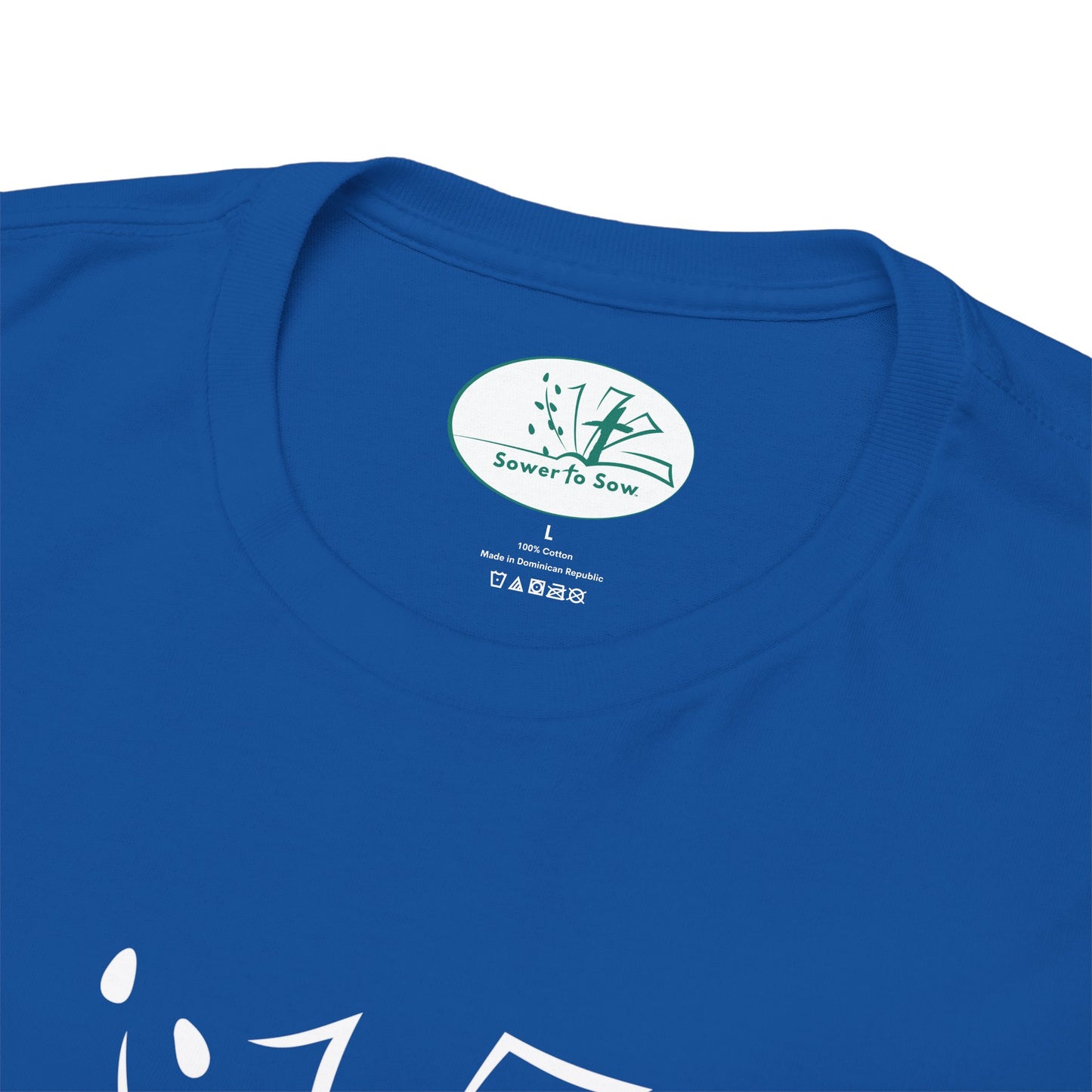 Blue t-shirt with a Sower To Sow brand label on the collar against a white background