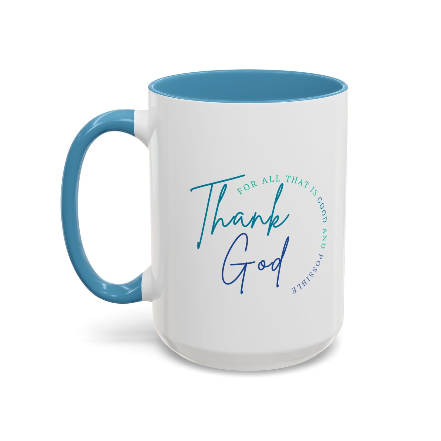 White mug with blue interior and handle, featuring 'Thank God' text on a white background